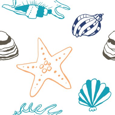 Beyaz zemin üzerinde deniz kabuğu mürekkep doodle koleksiyonu. Kusursuz desen. Sonsuz doku. Basılı malzemeler için kullanılabilir. Sualtı arka planı. Elle çizilmiş tasarım elemanları. Şenlikli baskı. Duvar kağıdı.