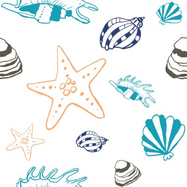 Beyaz zemin üzerinde deniz kabuğu mürekkep doodle koleksiyonu. Kusursuz desen. Sonsuz doku. Basılı malzemeler için kullanılabilir. Sualtı arka planı. Elle çizilmiş tasarım elemanları. Şenlikli baskı. Duvar kağıdı.