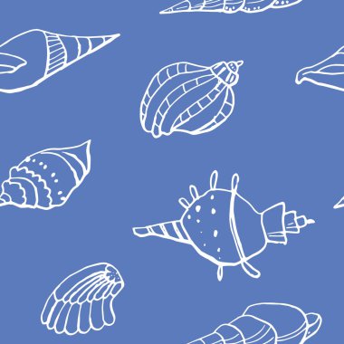 Beyaz zemin üzerinde deniz kabuğu mürekkep doodle koleksiyonu. Kusursuz desen. Sonsuz doku. Basılı malzemeler için kullanılabilir. Sualtı arka planı. Elle çizilmiş tasarım elemanları. Şenlikli baskı. Duvar kağıdı.