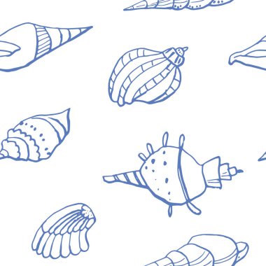 Beyaz zemin üzerinde deniz kabuğu mürekkep doodle koleksiyonu. Kusursuz desen. Sonsuz doku. Basılı malzemeler için kullanılabilir. Sualtı arka planı. Elle çizilmiş tasarım elemanları. Şenlikli baskı. Duvar kağıdı.