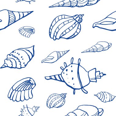 Beyaz zemin üzerinde deniz kabuğu mürekkep doodle koleksiyonu. Kusursuz desen. Sonsuz doku. Basılı malzemeler için kullanılabilir. Sualtı arka planı. Elle çizilmiş tasarım elemanları. Şenlikli baskı. Duvar kağıdı.