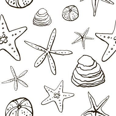 Beyaz zemin üzerinde deniz kabuğu mürekkep doodle koleksiyonu. Kusursuz desen. Sonsuz doku. Basılı malzemeler için kullanılabilir. Sualtı arka planı. Elle çizilmiş tasarım elemanları. Şenlikli baskı. Duvar kağıdı. Çizgi sanatı.