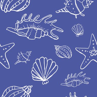 Beyaz zemin üzerinde deniz kabuğu mürekkep doodle koleksiyonu. Kusursuz desen. Sonsuz doku. Basılı malzemeler için kullanılabilir. Sualtı arka planı. Elle çizilmiş tasarım elemanları. Şenlikli baskı. Duvar kağıdı.