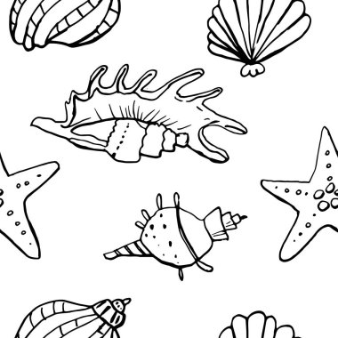 Beyaz zemin üzerinde deniz kabuğu mürekkep doodle koleksiyonu. Kusursuz desen. Sonsuz doku. Basılı malzemeler için kullanılabilir. Sualtı arka planı. Elle çizilmiş tasarım elemanları. Şenlikli baskı. Duvar kağıdı. Çizgi sanatı.