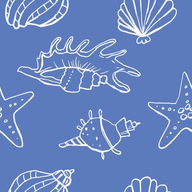 Beyaz zemin üzerinde deniz kabuğu mürekkep doodle koleksiyonu. Kusursuz desen. Sonsuz doku. Basılı malzemeler için kullanılabilir. Sualtı arka planı. Elle çizilmiş tasarım elemanları. Şenlikli baskı. Duvar kağıdı.