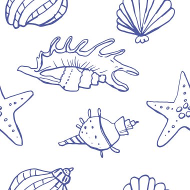 Beyaz zemin üzerinde deniz kabuğu mürekkep doodle koleksiyonu. Kusursuz desen. Sonsuz doku. Basılı malzemeler için kullanılabilir. Sualtı arka planı. Elle çizilmiş tasarım elemanları. Şenlikli baskı. Duvar kağıdı.