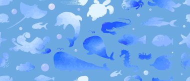 Suluboya dokusu ile sualtı yaşam siluetleri Dikişsiz desen. Deniz hayvanları ve balıklar. Vektör stok seti. Sevimli simgeler. Basılı malzemeler için kullanılabilir. Okyanus arka planı. Elle çizilmiş tasarım elemanları. Duvar kağıdı.