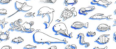 Suluboya doku ile sualtı yaşam mürekkemi doodle dikişsiz desen. Deniz hayvanları ve balıklar. Vektör stok seti. Sevimli simgeler. Basılı malzemeler için kullanılabilir. Okyanus arka planı. Elle çizilmiş tasarım elemanları. Duvar kağıdı.