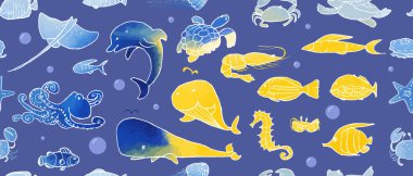 Suluboya doku ile sualtı yaşam mürekkemi doodle dikişsiz desen. Deniz hayvanları ve balıklar. Vektör stok seti. Sevimli simgeler. Basılı malzemeler için kullanılabilir. Okyanus arka planı. Elle çizilmiş tasarım elemanları. Duvar kağıdı.