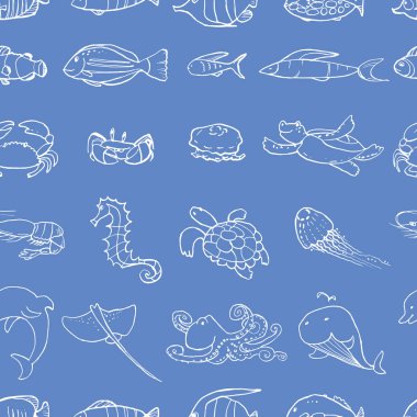 Sualtı yaşam mürekşekaralamalarının kusursuz deseni. Deniz hayvanları ve balıklar. Vektör stok seti. Sevimli simgeler. Basılı malzemeler için kullanılabilir. Okyanus arka planı. Elle çizilmiş tasarım elemanları. Duvar kağıdı. Çizgi sanatı.