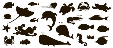 Sualtı yaşamı mürekkep siluetleri koleksiyonu. Deniz hayvanları ve balıklar. Vektör stok seti. Sevimli simgeler. Basılı malzemeler, kartpostallar, tebrik, kartlar, logo için kullanılabilir. Okyanus arka planı. Elle çizilmiş tasarım elemanları. 