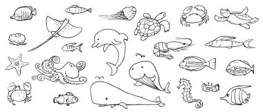 Sualtı yaşam mürekçe karalamaları koleksiyonu. Deniz hayvanları ve balıklar. Vektör stok seti. Sevimli simgeler. Basılı malzemeler, kartpostallar, tebrik, kartlar, logo için kullanılabilir. Okyanus arka planı. Elle çizilmiş tasarım elemanları. Çizgi sanatı.