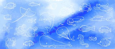 Suluboya doku ile sualtı yaşam mürekkep doodle koleksiyonu. Deniz hayvanları ve balıklar. Vektör stok seti. Sevimli simgeler. Basılı malzemeler, kartpostallar, tebrik, kartlar, logo için kullanılabilir. Okyanus arka planı. Elle çizilmiş tasarım elemanları. 