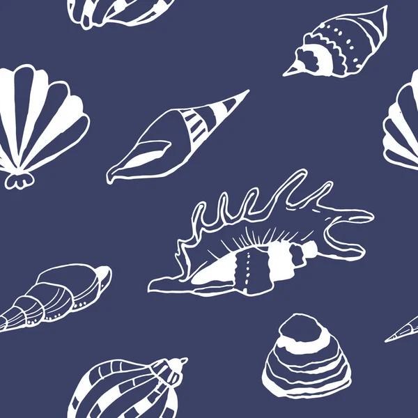 青い背景に海の貝のインク落書きのコレクション シームレスなパターン 無限のテクスチャ 印刷物に使用できます 水中の背景 手描きのデザイン要素 お祝いのプリント — ストックベクタ