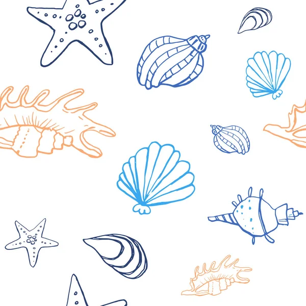 Beyaz zemin üzerinde deniz kabuğu mürekkep doodle koleksiyonu. Kusursuz desen. Sonsuz doku. Basılı malzemeler için kullanılabilir. Sualtı arka planı. Elle çizilmiş tasarım elemanları. Şenlikli baskı. Duvar kağıdı.