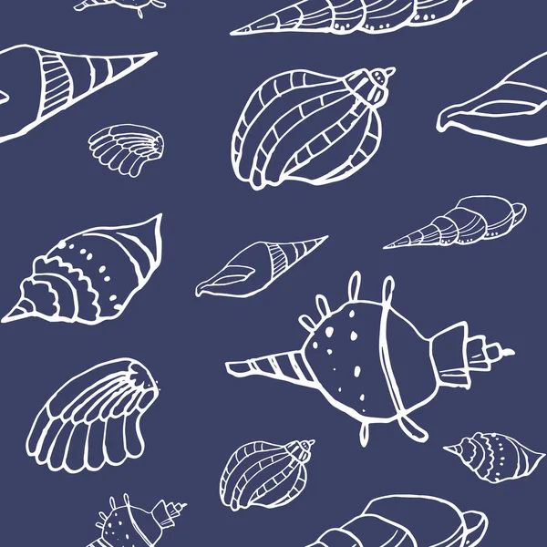 Samling Sea Shell Ink Doodles Vit Bakgrund Sömlöst Mönster Ändlös — Stock vektor