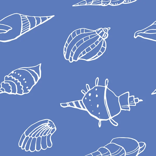 Beyaz zemin üzerinde deniz kabuğu mürekkep doodle koleksiyonu. Kusursuz desen. Sonsuz doku. Basılı malzemeler için kullanılabilir. Sualtı arka planı. Elle çizilmiş tasarım elemanları. Şenlikli baskı. Duvar kağıdı.