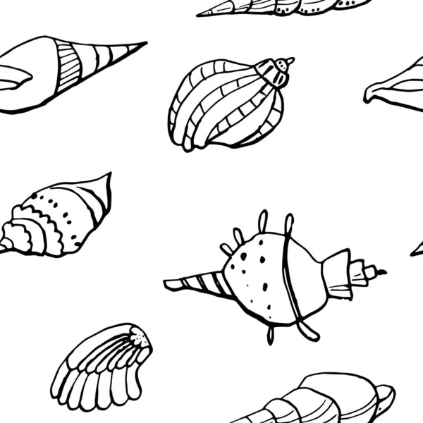 Beyaz zemin üzerinde deniz kabuğu mürekkep doodle koleksiyonu. Kusursuz desen. Sonsuz doku. Basılı malzemeler için kullanılabilir. Sualtı arka planı. Elle çizilmiş tasarım elemanları. Şenlikli baskı. Duvar kağıdı. Çizgi sanatı.