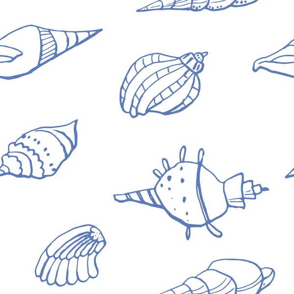 Beyaz zemin üzerinde deniz kabuğu mürekkep doodle koleksiyonu. Kusursuz desen. Sonsuz doku. Basılı malzemeler için kullanılabilir. Sualtı arka planı. Elle çizilmiş tasarım elemanları. Şenlikli baskı. Duvar kağıdı.