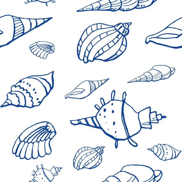Beyaz zemin üzerinde deniz kabuğu mürekkep doodle koleksiyonu. Kusursuz desen. Sonsuz doku. Basılı malzemeler için kullanılabilir. Sualtı arka planı. Elle çizilmiş tasarım elemanları. Şenlikli baskı. Duvar kağıdı.