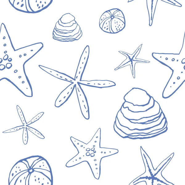 Beyaz zemin üzerinde deniz kabuğu mürekkep doodle koleksiyonu. Kusursuz desen. Sonsuz doku. Basılı malzemeler için kullanılabilir. Sualtı arka planı. Elle çizilmiş tasarım elemanları. Şenlikli baskı. Duvar kağıdı.