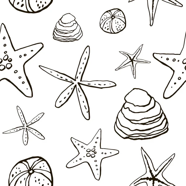 Beyaz zemin üzerinde deniz kabuğu mürekkep doodle koleksiyonu. Kusursuz desen. Sonsuz doku. Basılı malzemeler için kullanılabilir. Sualtı arka planı. Elle çizilmiş tasarım elemanları. Şenlikli baskı. Duvar kağıdı. Çizgi sanatı.