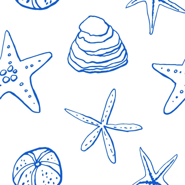 Beyaz zemin üzerinde deniz kabuğu mürekkep doodle koleksiyonu. Kusursuz desen. Sonsuz doku. Basılı malzemeler için kullanılabilir. Sualtı arka planı. Elle çizilmiş tasarım elemanları. Şenlikli baskı. Duvar kağıdı.