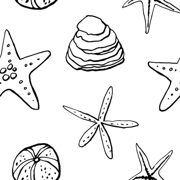 Beyaz zemin üzerinde deniz kabuğu mürekkep doodle koleksiyonu. Kusursuz desen. Sonsuz doku. Basılı malzemeler için kullanılabilir. Sualtı arka planı. Elle çizilmiş tasarım elemanları. Şenlikli baskı. Duvar kağıdı. Çizgi sanatı.