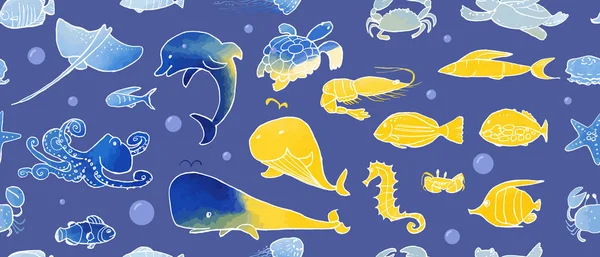 Suluboya doku ile sualtı yaşam mürekkemi doodle dikişsiz desen. Deniz hayvanları ve balıklar. Vektör stok seti. Sevimli simgeler. Basılı malzemeler için kullanılabilir. Okyanus arka planı. Elle çizilmiş tasarım elemanları. Duvar kağıdı.
