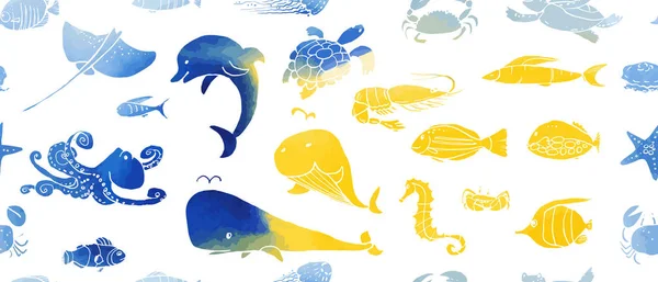 Sömlösa Mönster Undervattensliv Bläck Doodles Med Akvarell Konsistens Havsdjur Och — Stock vektor
