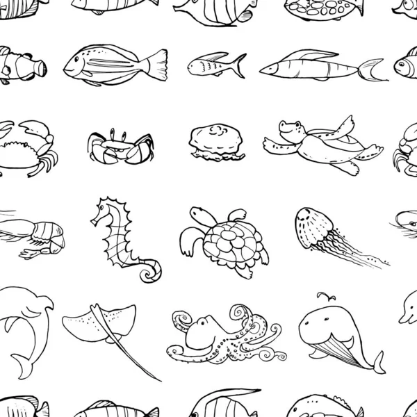 Sömlösa Mönster Undervattensliv Bläck Doodles Havsdjur Och Fisk Vektorlager Uppsättning — Stock vektor