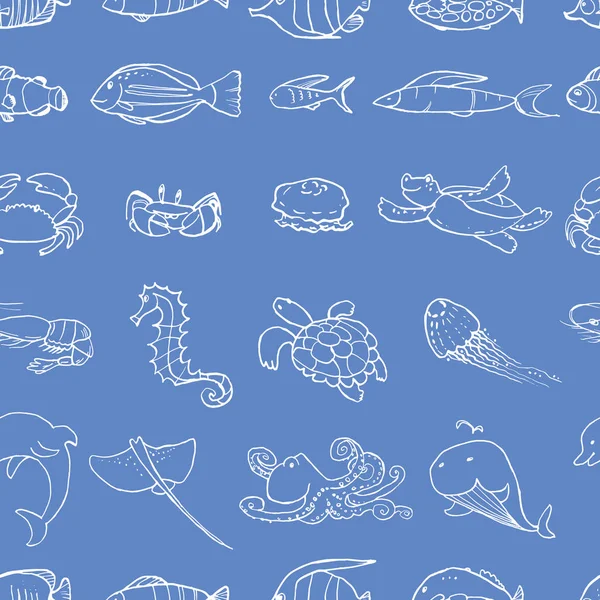 Sualtı yaşam mürekşekaralamalarının kusursuz deseni. Deniz hayvanları ve balıklar. Vektör stok seti. Sevimli simgeler. Basılı malzemeler için kullanılabilir. Okyanus arka planı. Elle çizilmiş tasarım elemanları. Duvar kağıdı. Çizgi sanatı.