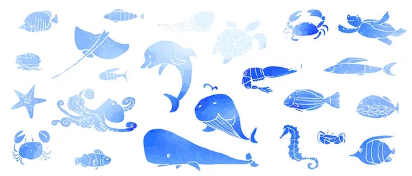 Insamling Undervattensliv Bläck Doodles Med Akvarell Konsistens Havsdjur Och Fisk — Stock vektor