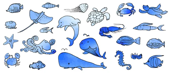 Insamling Undervattensliv Bläck Doodles Med Akvarell Konsistens Havsdjur Och Fisk — Stock vektor