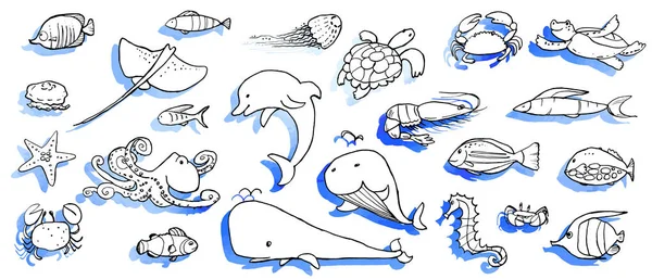 Collection Underwater Life Ink Doodles Watercolor Texture Sea Animals Fish — Stock Vector
