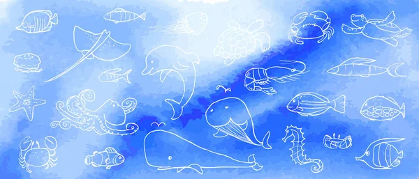 Suluboya doku ile sualtı yaşam mürekkep doodle koleksiyonu. Deniz hayvanları ve balıklar. Vektör stok seti. Sevimli simgeler. Basılı malzemeler, kartpostallar, tebrik, kartlar, logo için kullanılabilir. Okyanus arka planı. Elle çizilmiş tasarım elemanları. 