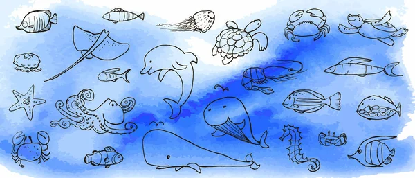 Suluboya doku ile sualtı yaşam mürekkep doodle koleksiyonu. Deniz hayvanları ve balıklar. Vektör stok seti. Sevimli simgeler. Basılı malzemeler, kartpostallar, tebrik, kartlar, logo için kullanılabilir. Okyanus arka planı. Elle çizilmiş tasarım elemanları. 