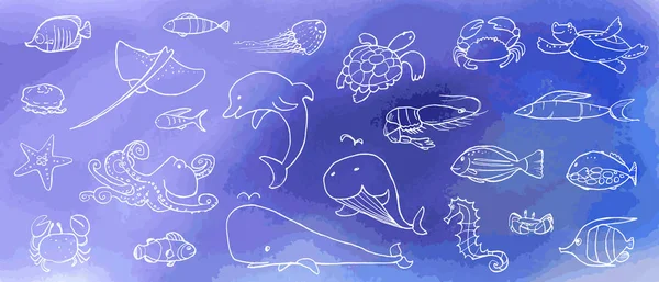 Collection Underwater Life Ink Doodles Watercolor Texture Sea Animals Fish — Stock Vector