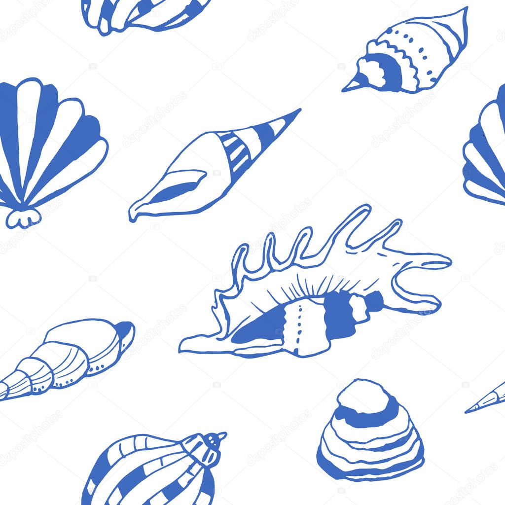 Collection of sea shell ink doodles on white backdrop. Seamless pattern. Endless texture. Can be used for printed materials. Underwater  background. Hand drawn design elements. Festive print. Wallpaper.
