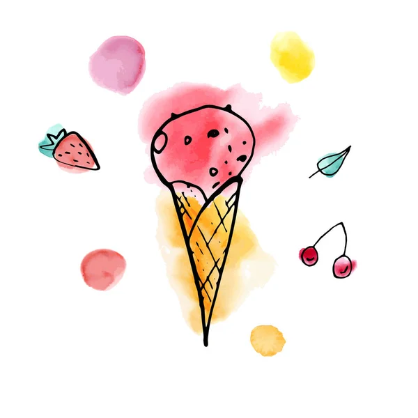 Vektorová Ilustrace Červené Zmrzliny Vaflovacím Kuželu — Stockový vektor