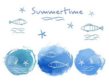 Beyaz arka planda mavi noktaların, noktaların ve deniz canlılarının vektör çizimi 