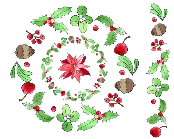 ミステリー ポインセチア ホリー コーン 美しい花輪をリンゴからクリスマスシームレスブラシ 休日の装飾 ベクトルセットはがき カード ロゴのために 水彩感のある手描きのデザイン要素 — ストックベクタ