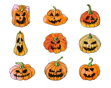 Cadılar bayramı turuncu sonbahar balkabağı koleksiyonu. Korkunç canavar suratlı. Vektör stoğu ayarlandı. Suluboya desenli şirin karikatürler. Yemek arkaplanı. El yapımı tasarım elementleri. Kartpostallar için, selamlar 