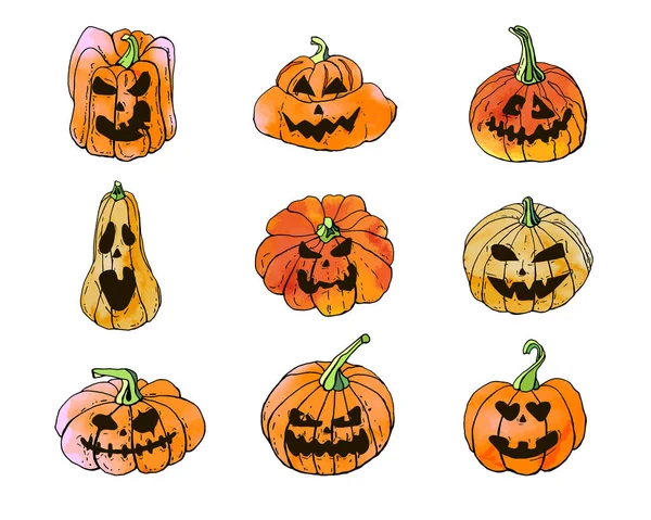 Colección Calabazas Otoño Halloween Naranja Con Caras Monstruo Miedo Conjunto — Vector de stock