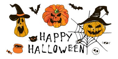 Cadılar bayramı tebrik kartın kutlu olsun. Vektör stoğu ayarlandı. Harfleri olan sevimli karikatürler. Tatil geçmişi. El yapımı tasarım elementleri. Kartpostallar, selamlar, logolar.