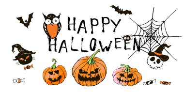 Cadılar bayramı tebrik kartın kutlu olsun. Vektör stoğu ayarlandı. Harfleri olan sevimli karikatürler. Tatil geçmişi. El yapımı tasarım elementleri. Kartpostallar, selamlar, logolar.