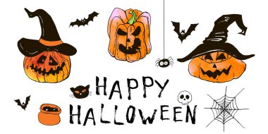 Cadılar bayramı tebrik kartın kutlu olsun. Vektör stoğu ayarlandı. Harfleri olan sevimli karikatürler. Tatil geçmişi. El yapımı tasarım elementleri. Kartpostallar, selamlar, logolar.