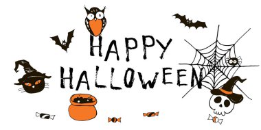 Cadılar bayramı tebrik kartın kutlu olsun. Vektör stoğu ayarlandı. Harfleri olan sevimli karikatürler. Tatil geçmişi. El yapımı tasarım elementleri. Kartpostallar, selamlar, logolar.