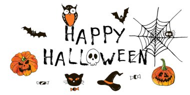 Cadılar bayramı tebrik kartın kutlu olsun. Vektör stoğu ayarlandı. Harfleri olan sevimli karikatürler. Tatil geçmişi. El yapımı tasarım elementleri. Kartpostallar, selamlar, logolar.