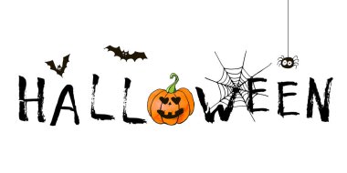 Cadılar bayramı tebrik kartın kutlu olsun. Vektör stoğu ayarlandı. Harfleri olan sevimli karikatürler. Tatil geçmişi. El yapımı tasarım elementleri. Kartpostallar, selamlar, logolar.